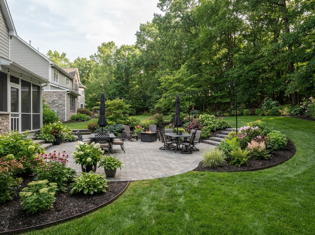 Finished paver patio integrated with lawn and planting beds