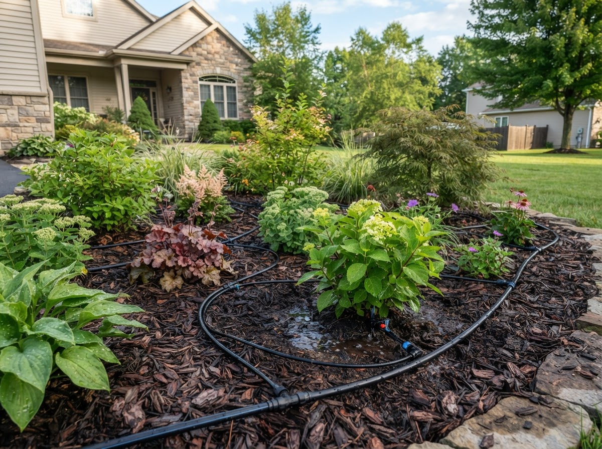 Drip irrigation serving a residential planting bed