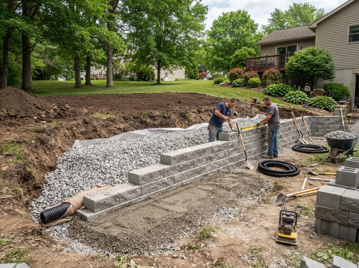 Landscape retaining wall with prepared base and drainage stone