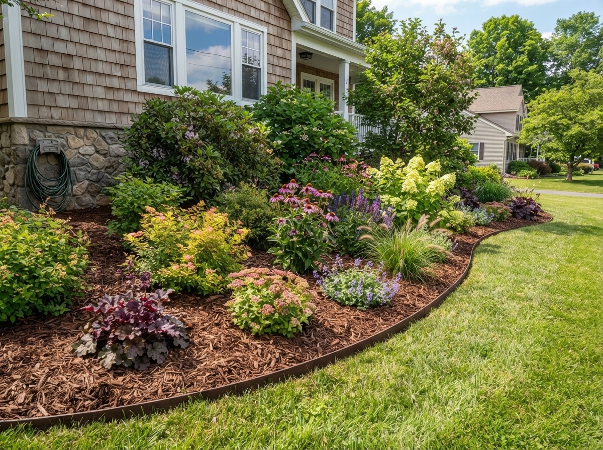 Finished residential planting bed with mulch and defined landscape edge