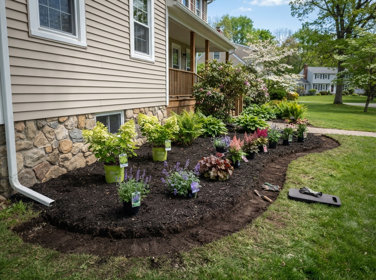 Foundation garden bed layout with planned shrub and perennial spacing