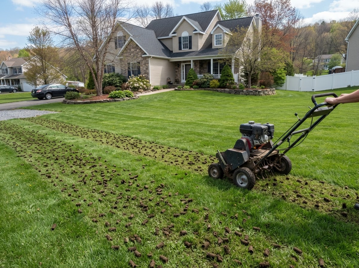 Core lawn aeration at a Clay residential property