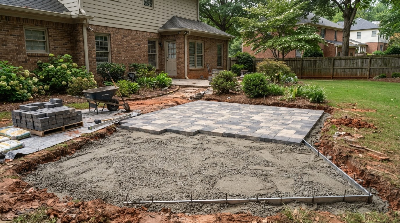 Paver patio installation at a Clay-area residential property