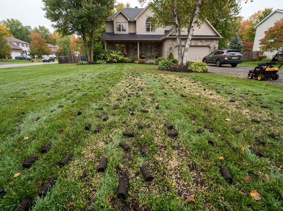 Core-aerated lawn prepared for overseeding