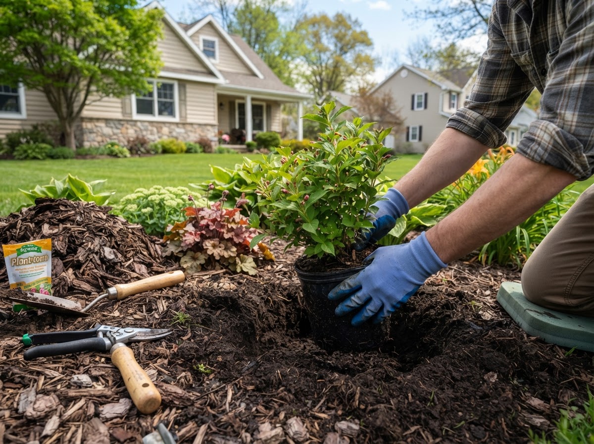 Shrub and perennial installation in a residential landscape bed