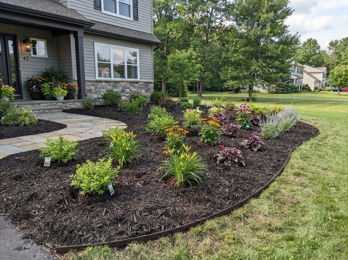 Newly installed shrubs and perennial plants in a residential landscape
