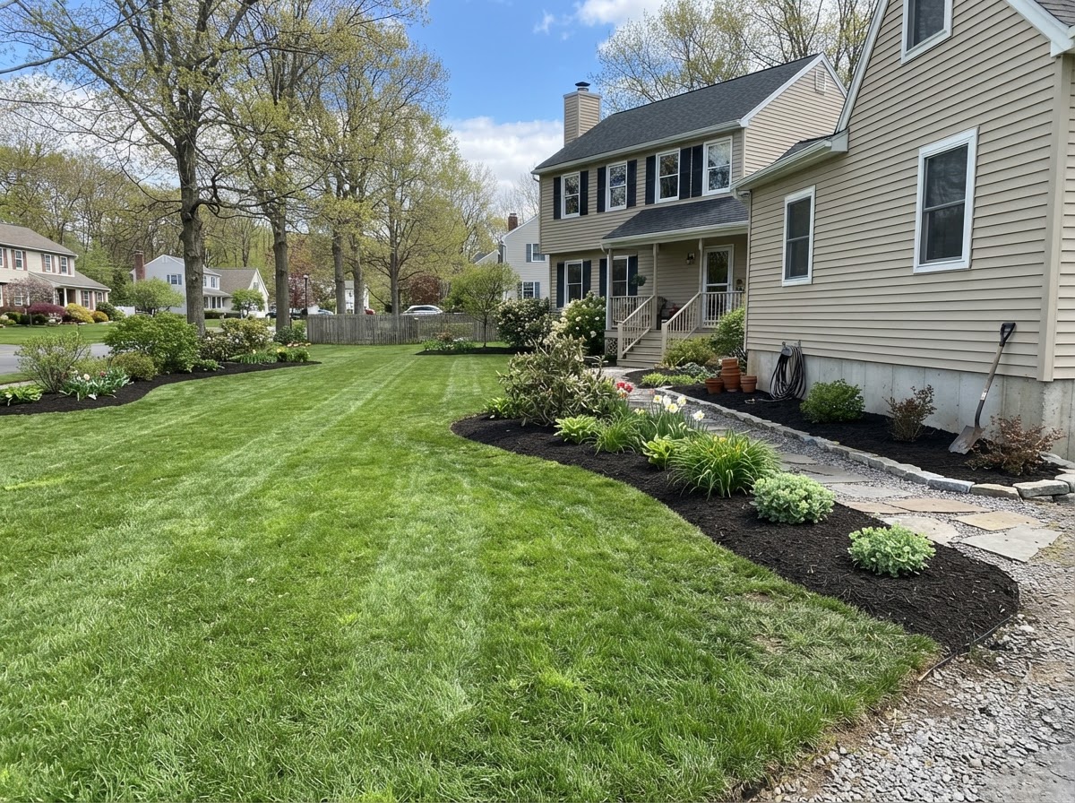 Residential landscape prepared for spring mowing and planting
