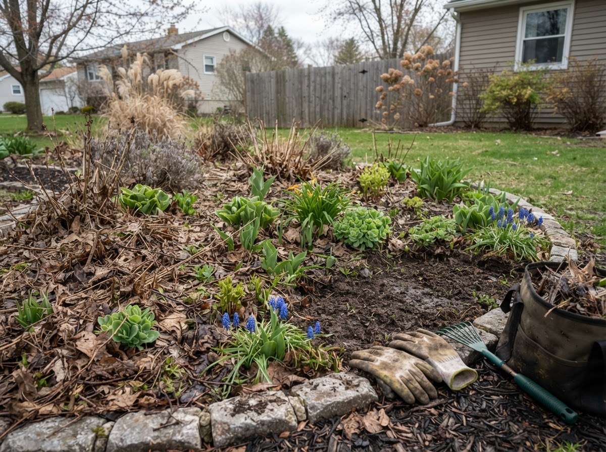 Spring planting bed cleanup after Central New York winter