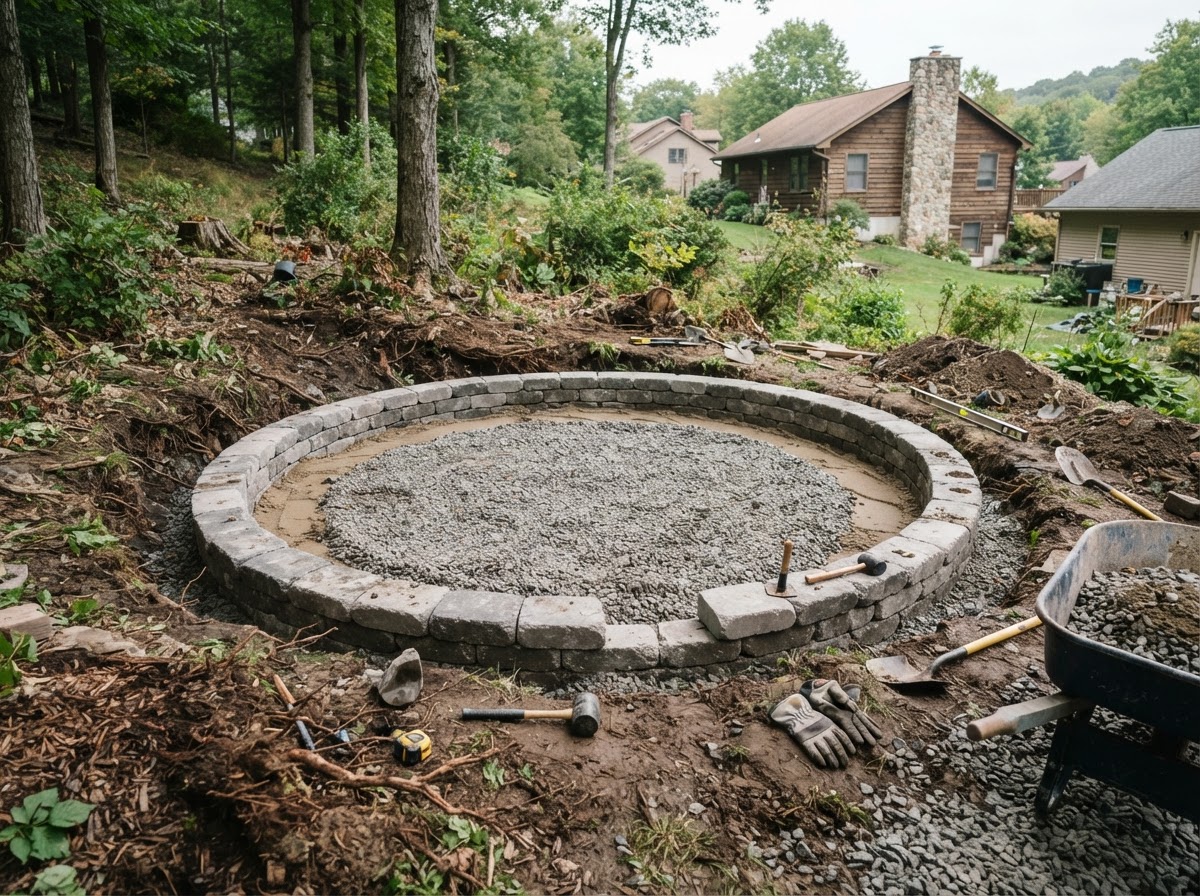 Hardscape base preparation for a residential fire pit area