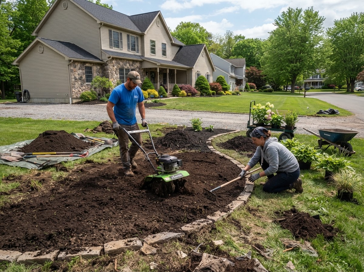 Residential landscape installation with planting bed preparation