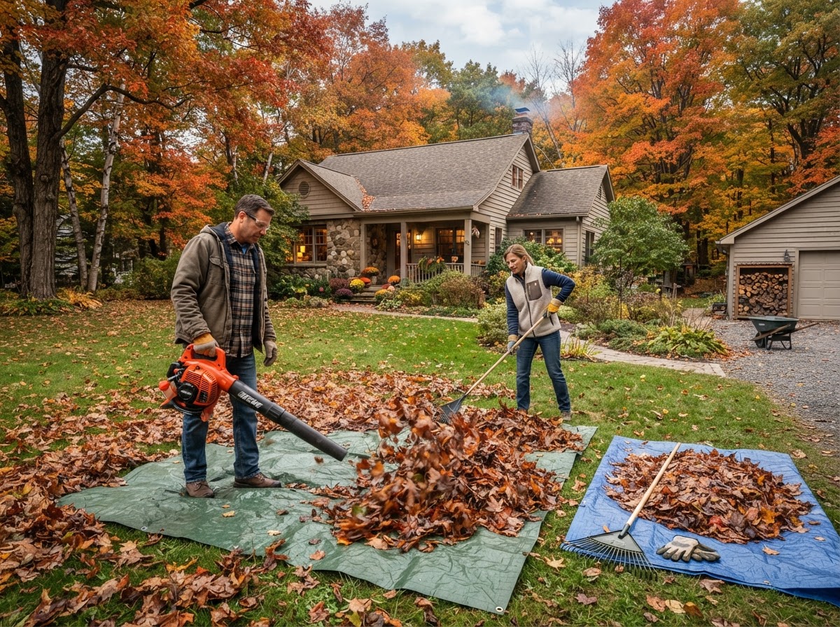 Fall leaf cleanup on a residential lawn with mature trees
