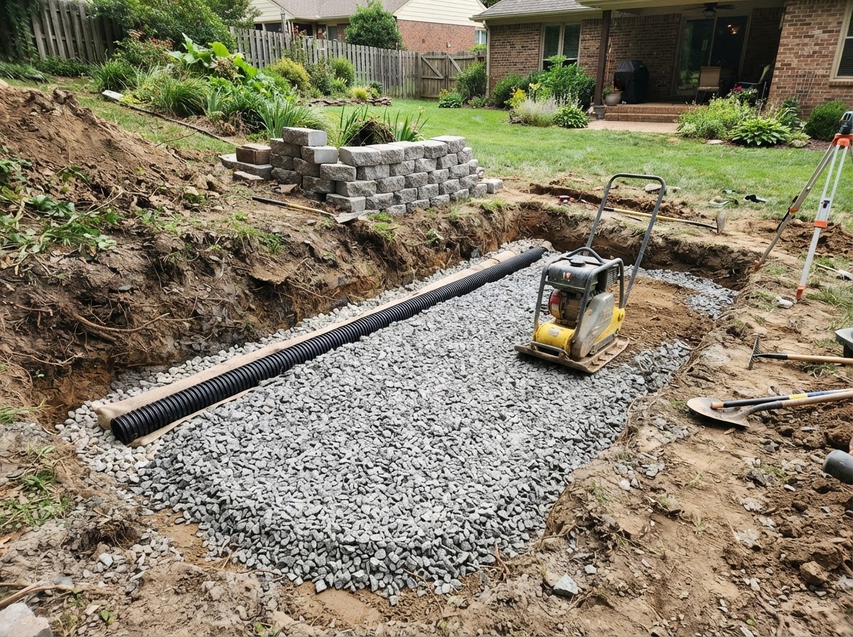 Compacted base preparation for a Clay landscape retaining wall
