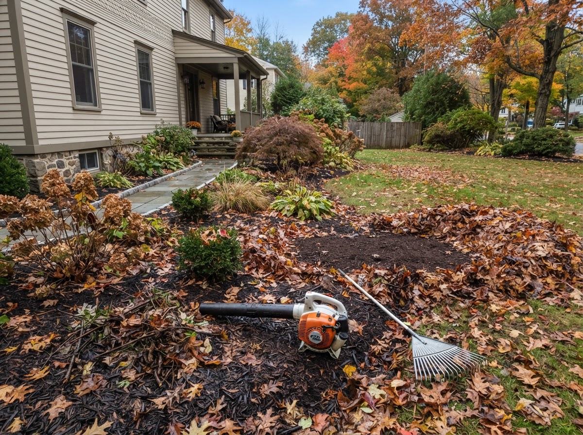 Fall leaf removal from residential planting beds in Liverpool