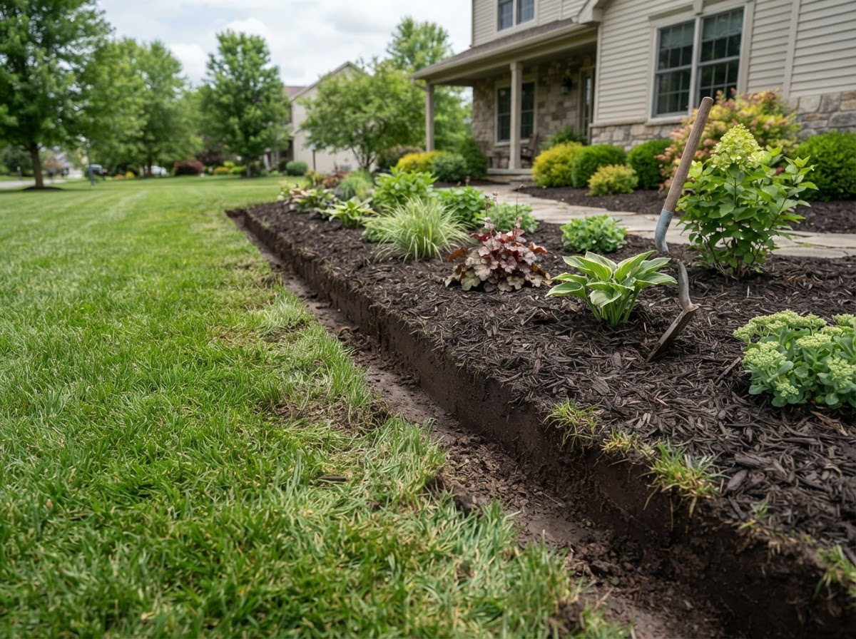Freshly defined landscape bed edge beside residential lawn
