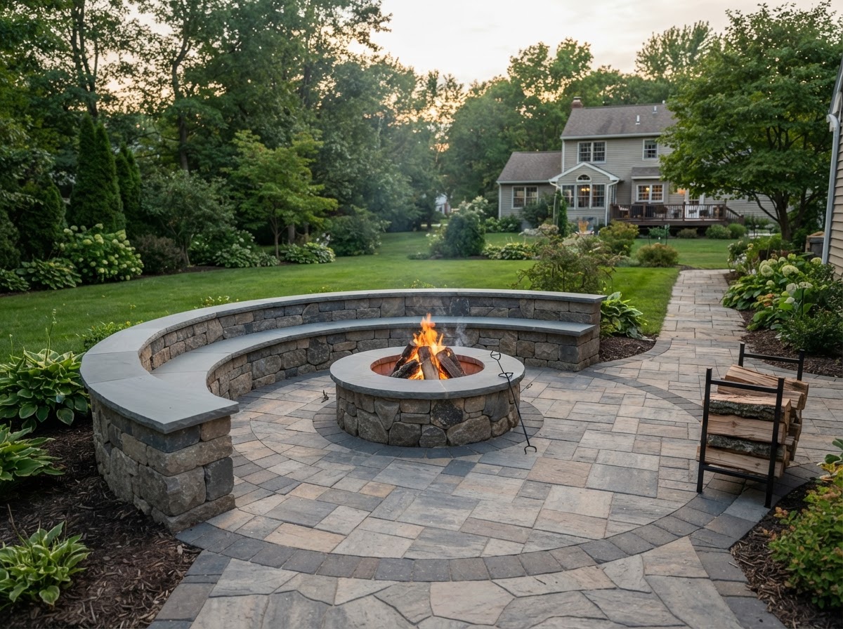 Paver seating area surrounding a residential fire pit