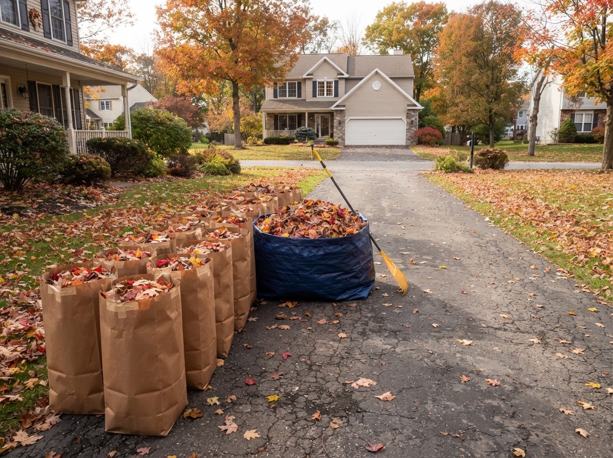 Collected fall leaves during residential yard cleanup