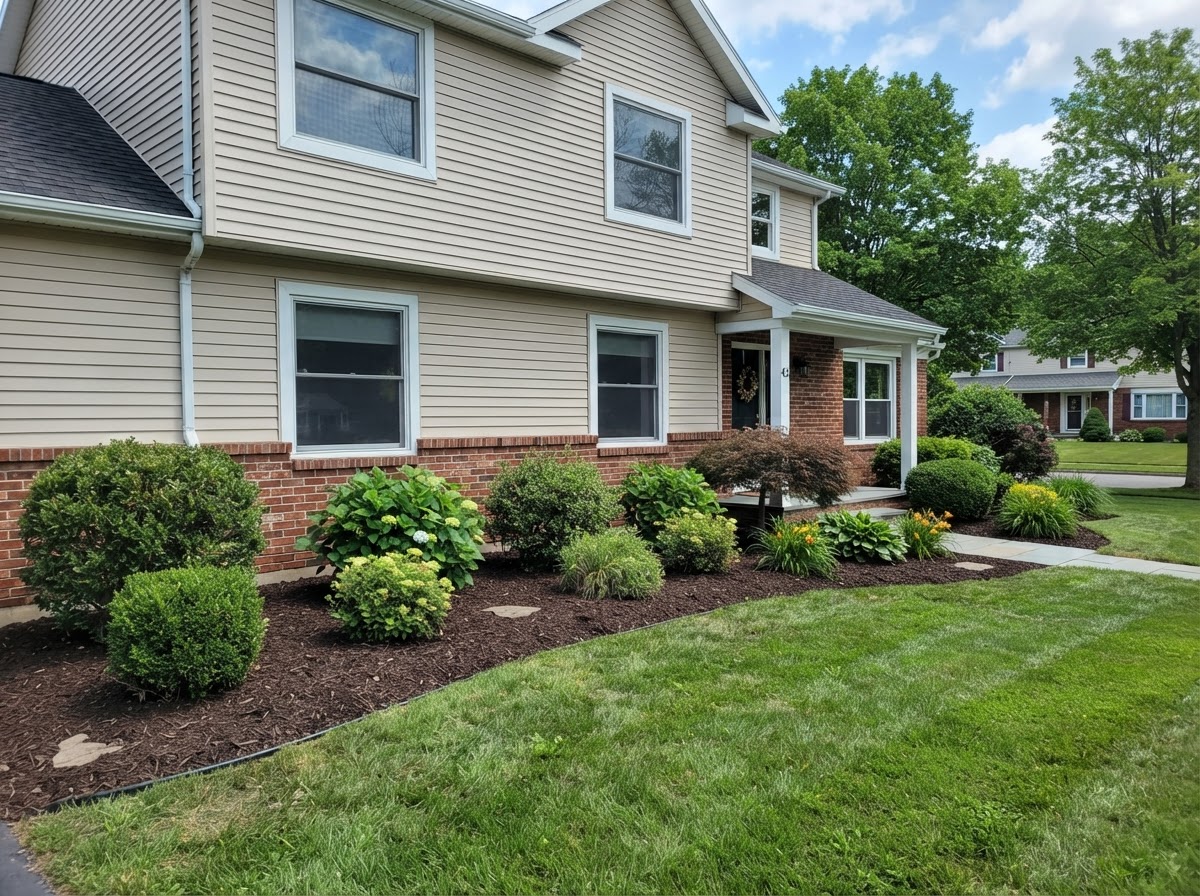 Maintained foundation shrubs with clean residential landscape clearance