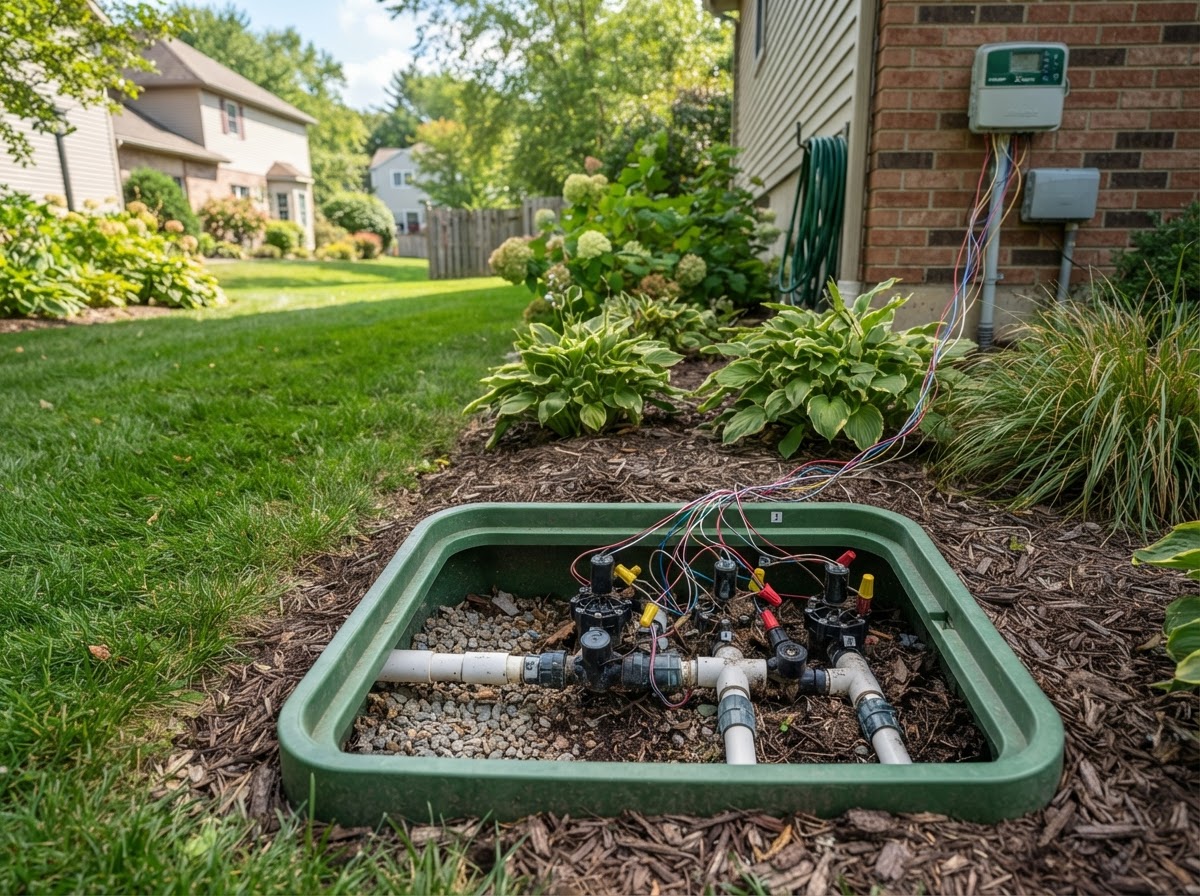 Irrigation valve and watering-zone setup for a residential landscape