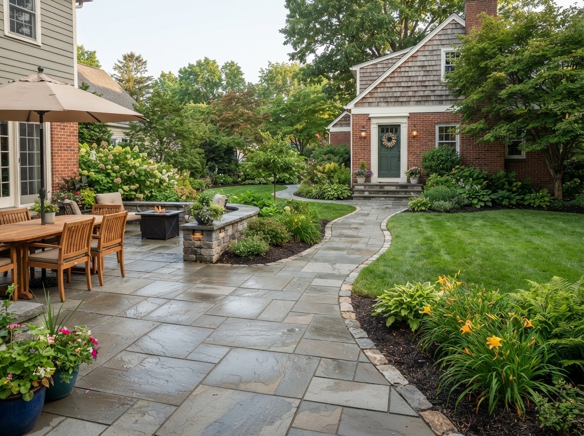 Finished residential walkway connecting outdoor living areas
