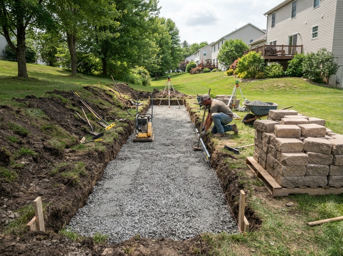 Compacted base preparation for a landscape retaining wall