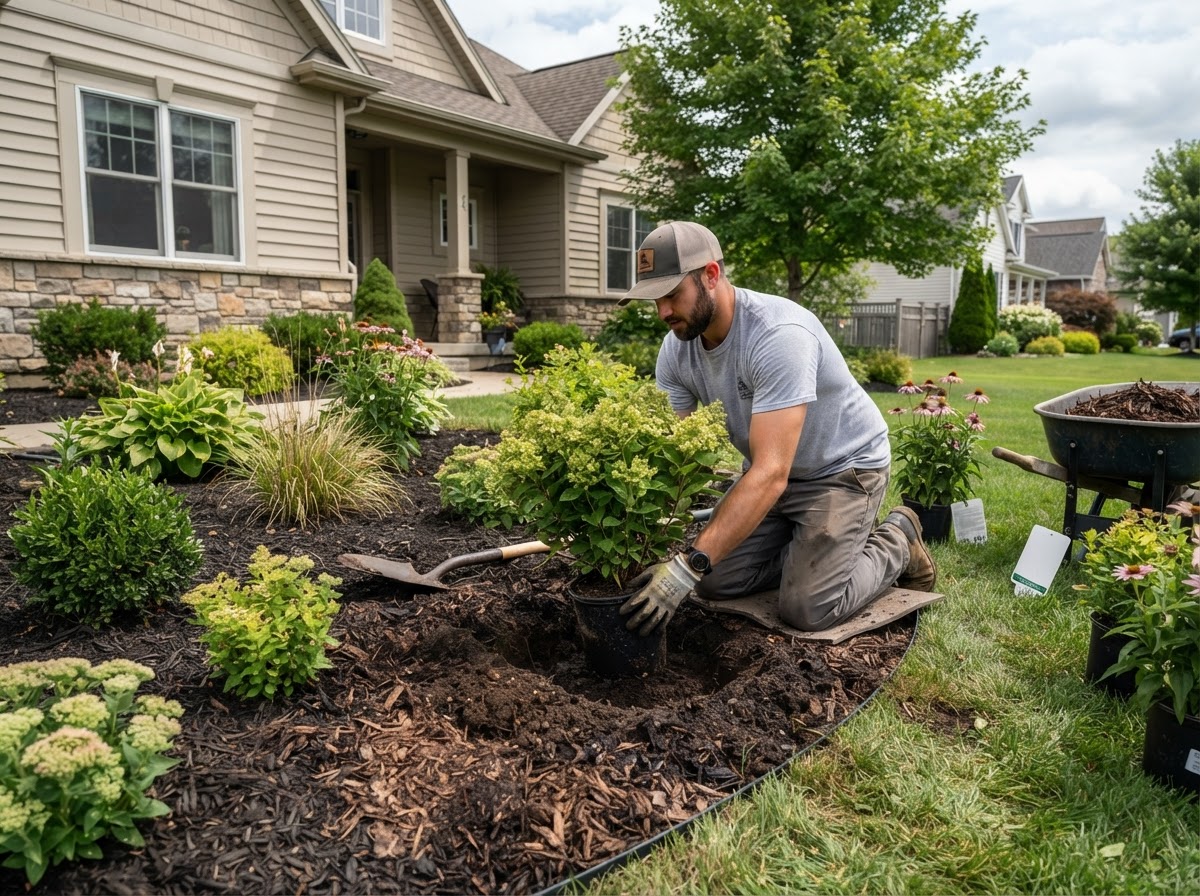 Shrub and ornamental plant installation in a residential landscape