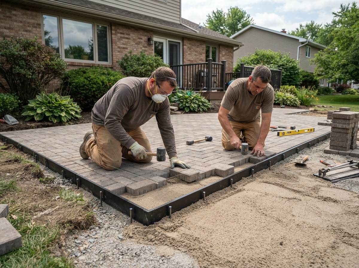 Paver patio installation with edge and joint preparation
