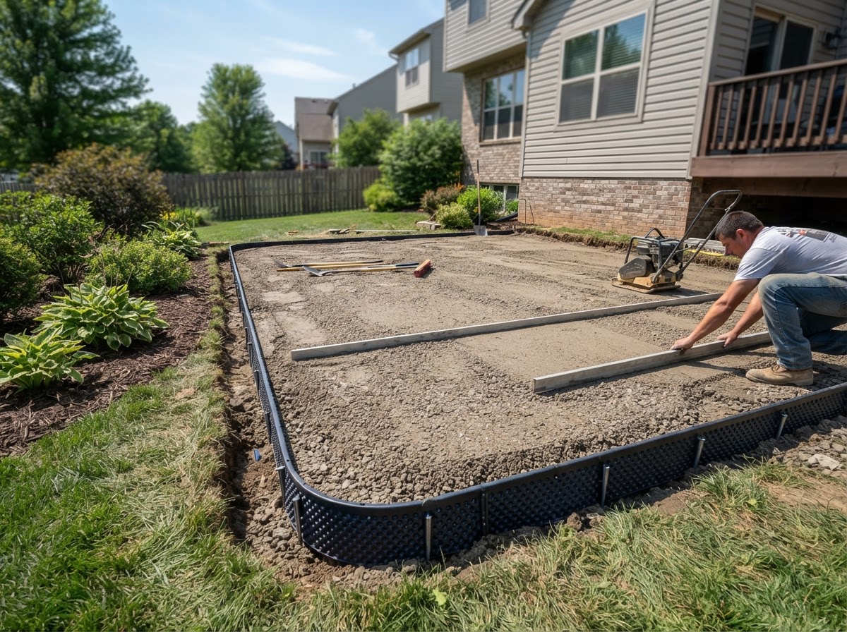 Compacted aggregate base for a Cicero residential paver patio