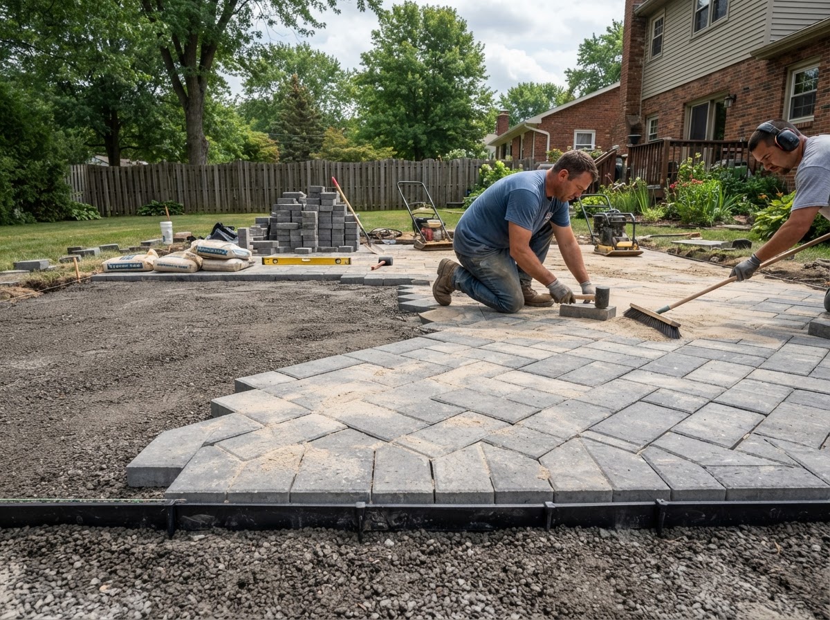 Concrete pavers being installed on a prepared patio base