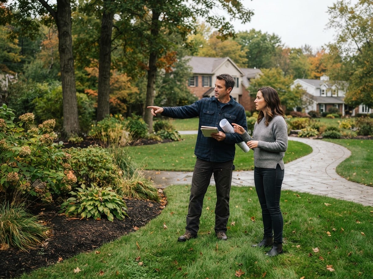 A landscaping contractor and homeowner reviewing a lawn and planting bed at an established Central New York suburban property.