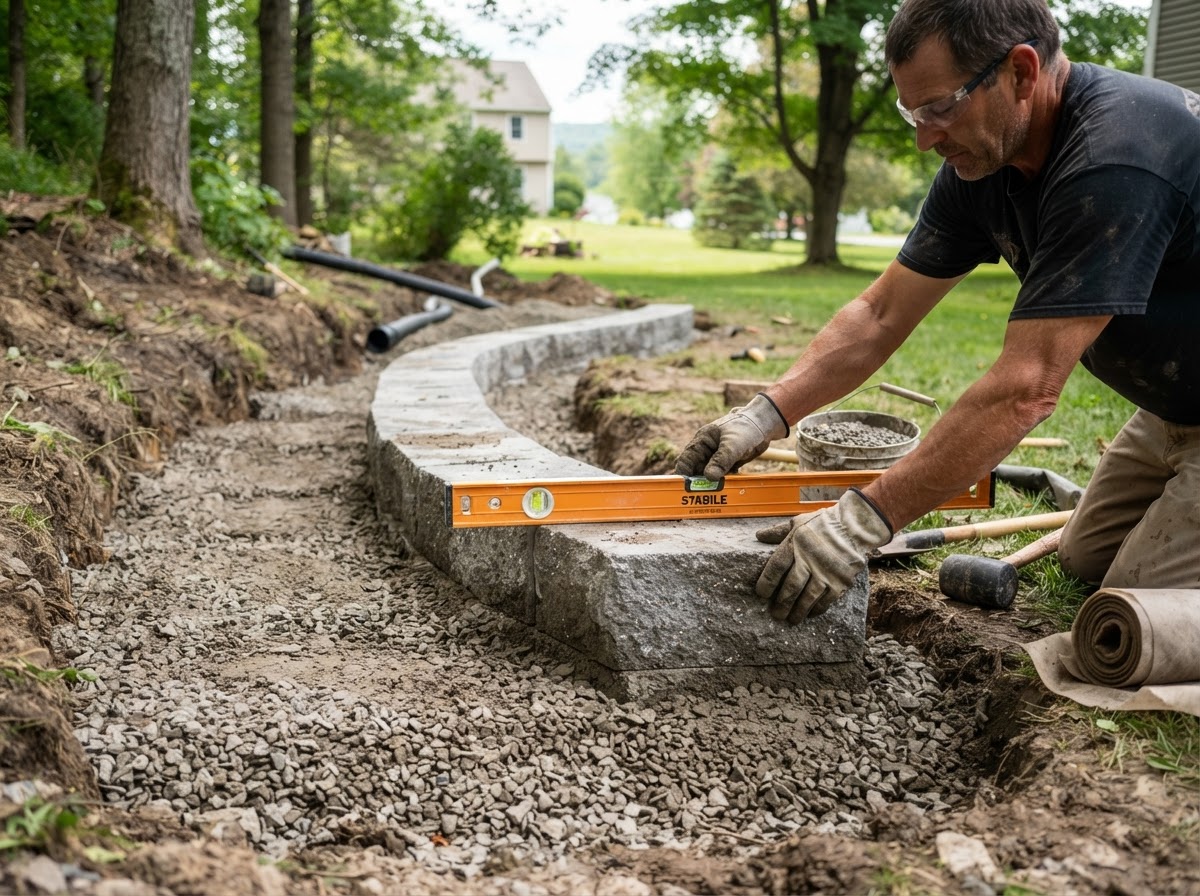 First course of segmental retaining wall block being installed