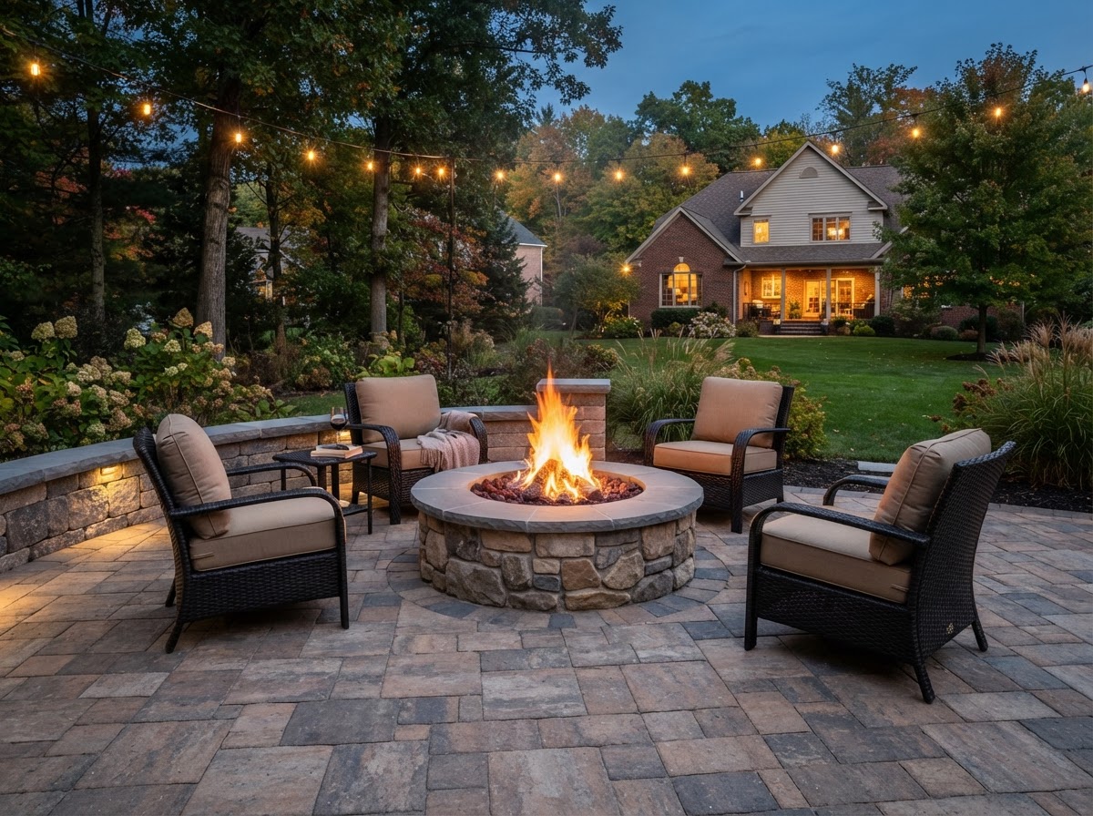 Residential fire pit integrated into a paved outdoor living area