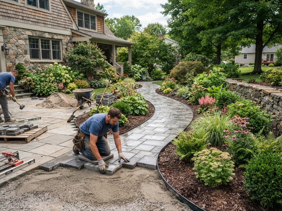 Residential paver walkway installation through a landscaped yard