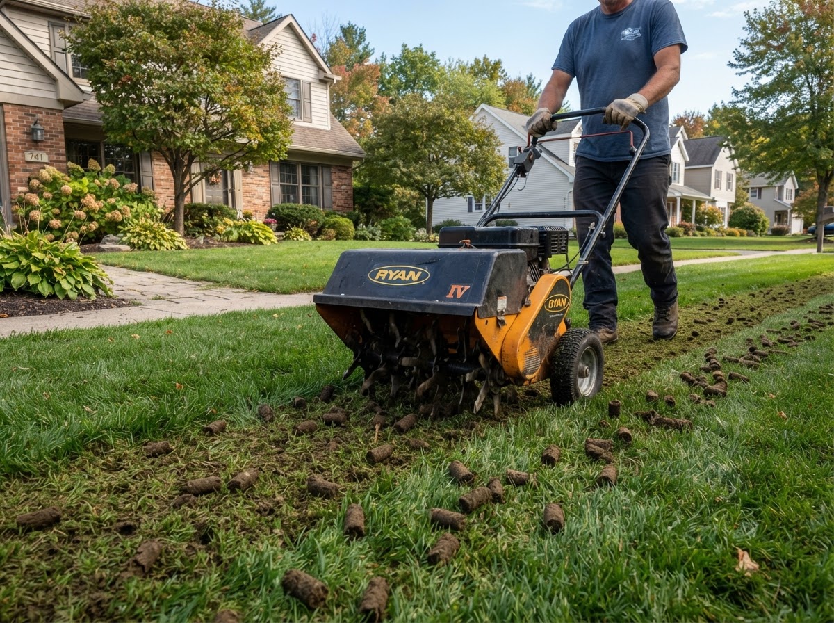 Core lawn aeration at a North Syracuse residential property