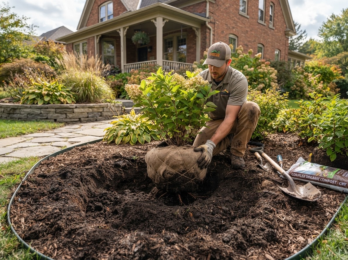 Shrub planting with prepared root zone in a residential landscape