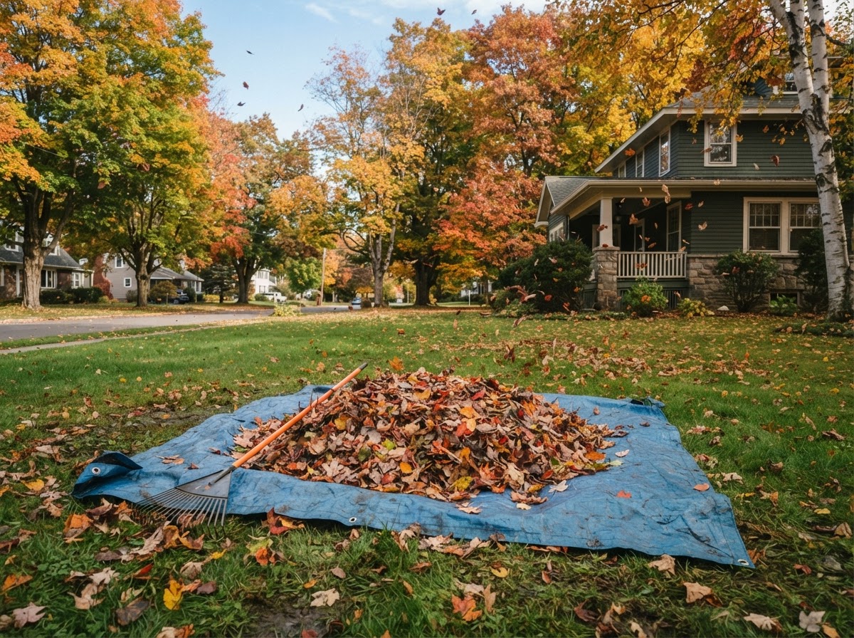 Fall leaf collection on a residential lawn