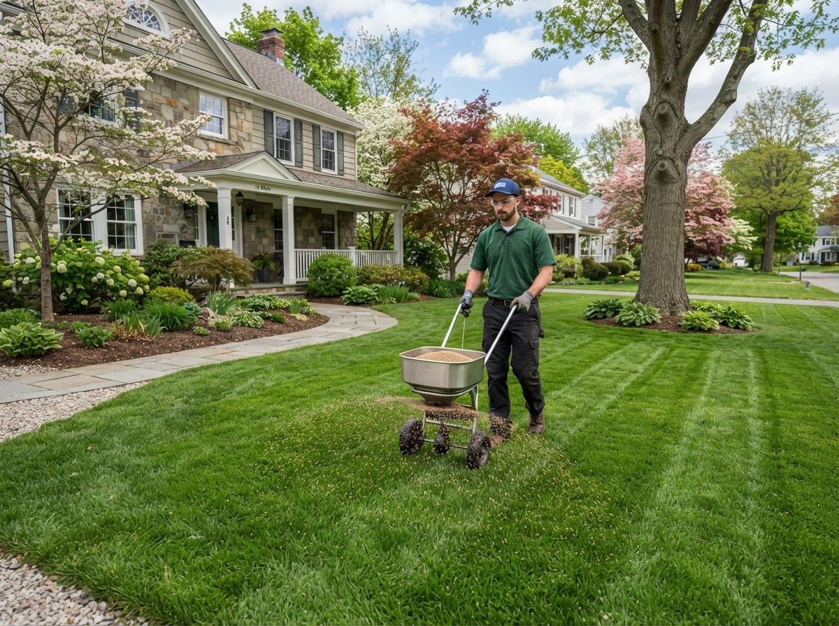 Lawn fertilization service using a calibrated spreader