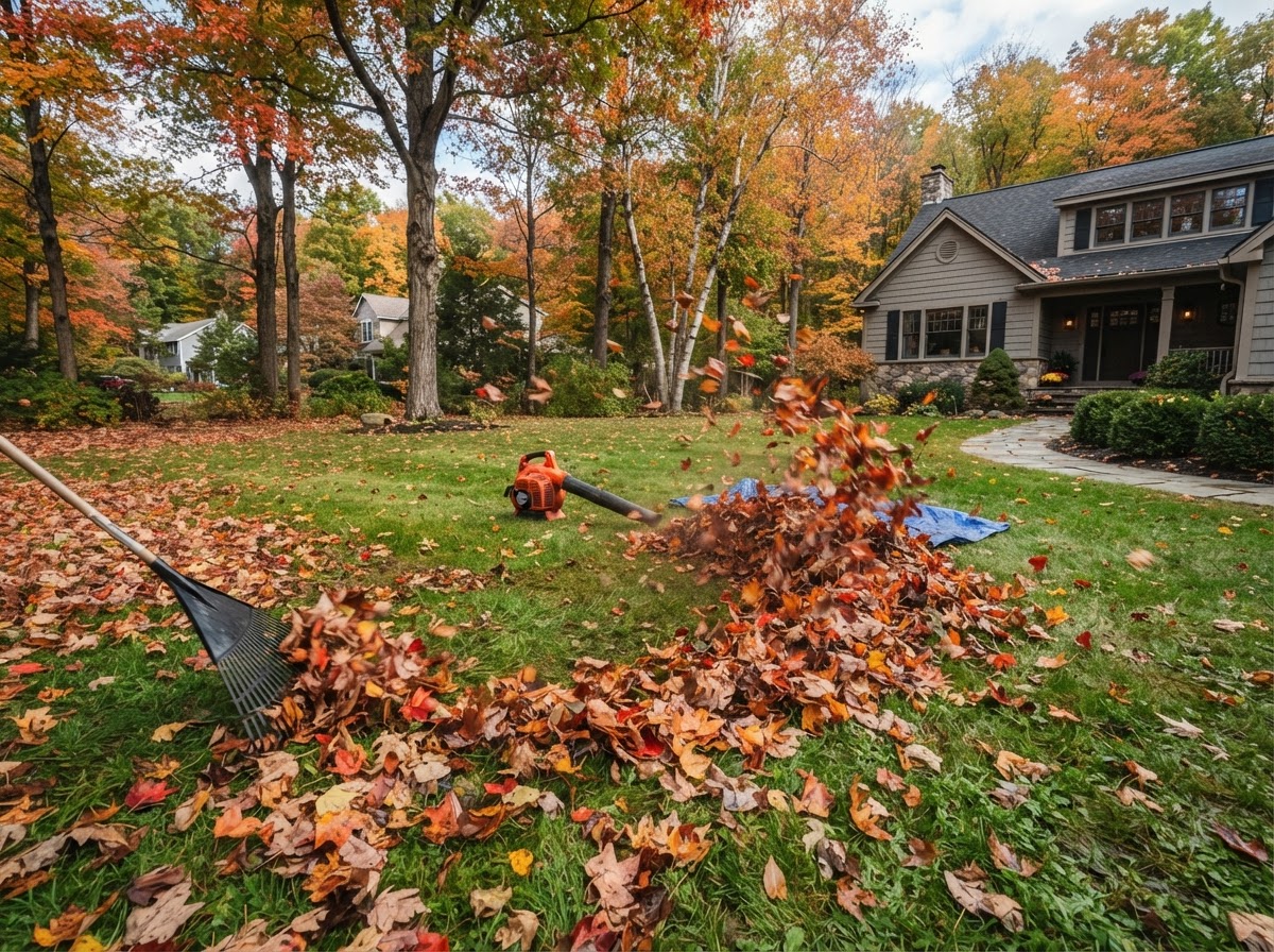 Fall leaf removal from a residential lawn