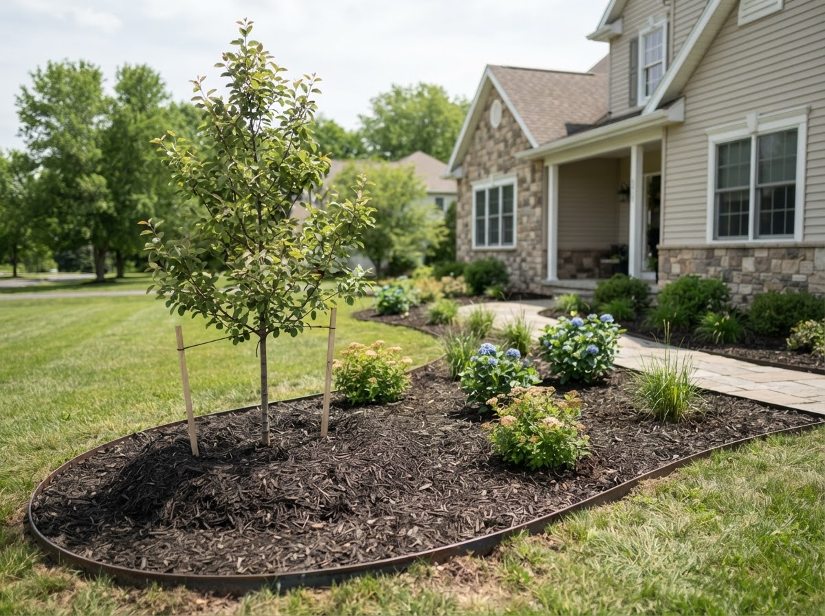 Finished residential tree and shrub planting with mulch and landscape spacing