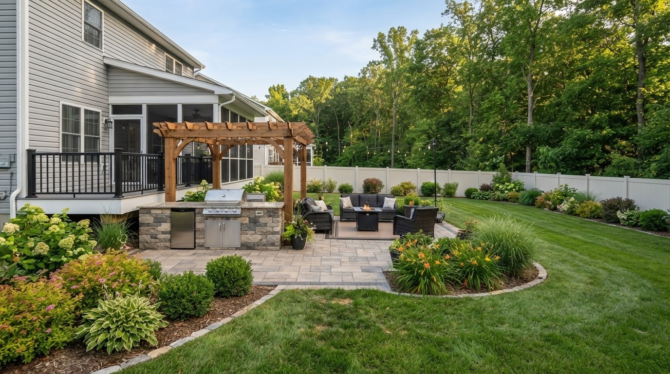 Residential landscaping and outdoor living area in northern Onondaga County