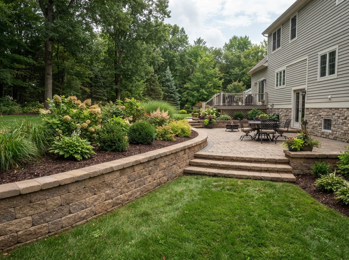 Finished retaining wall integrated with residential landscaping