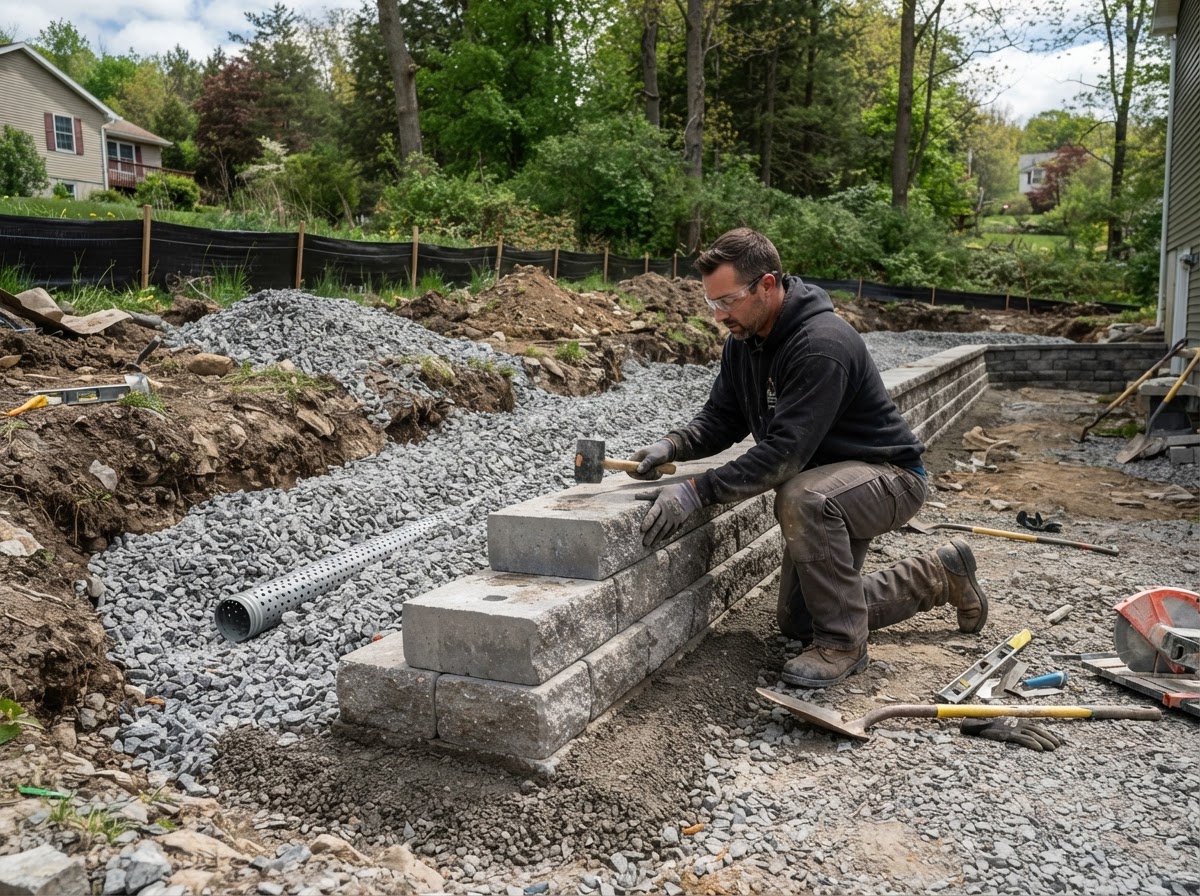 Segmental retaining wall installation with drainage stone