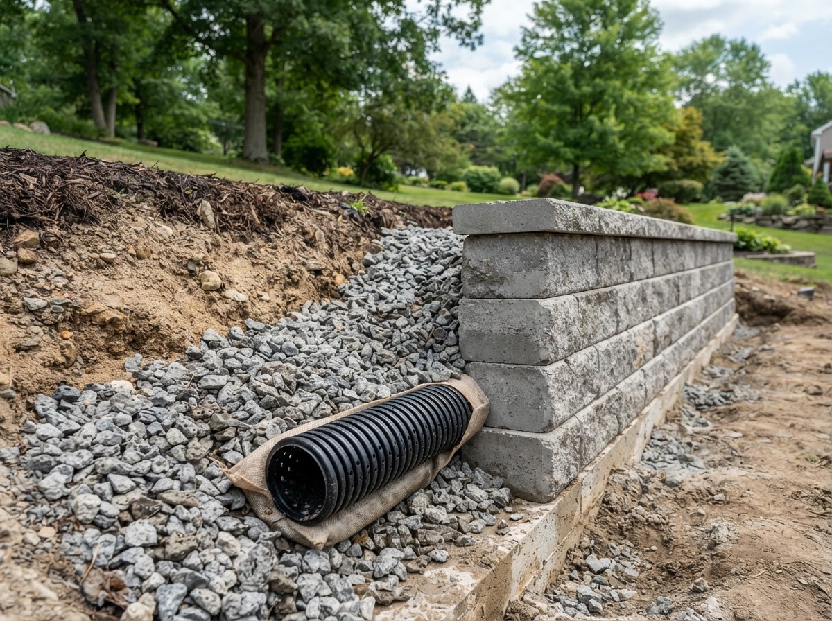 Drainage aggregate and backfill behind a landscape retaining wall