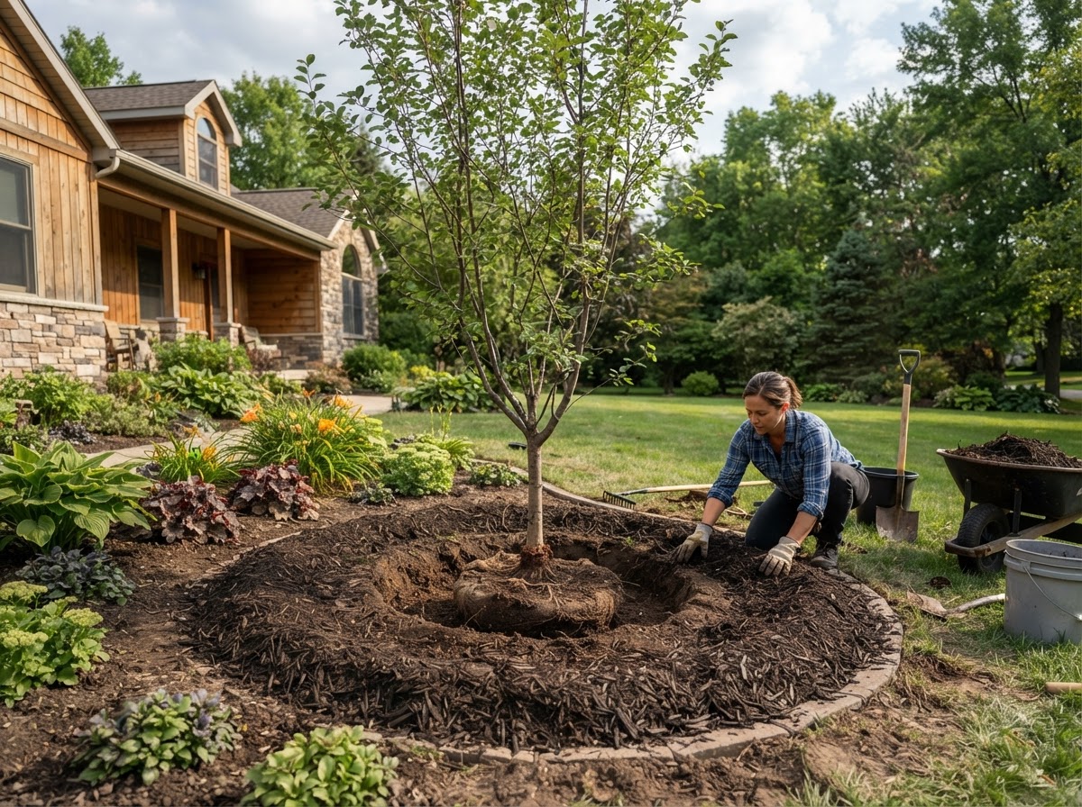 Ornamental tree installation in a residential landscape bed