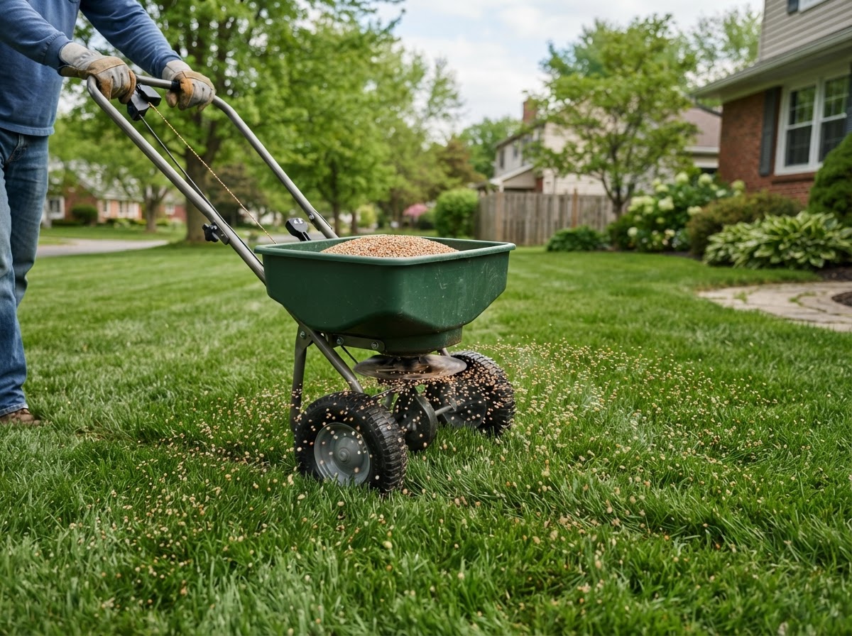 Lawn fertilizer application using a broadcast spreader