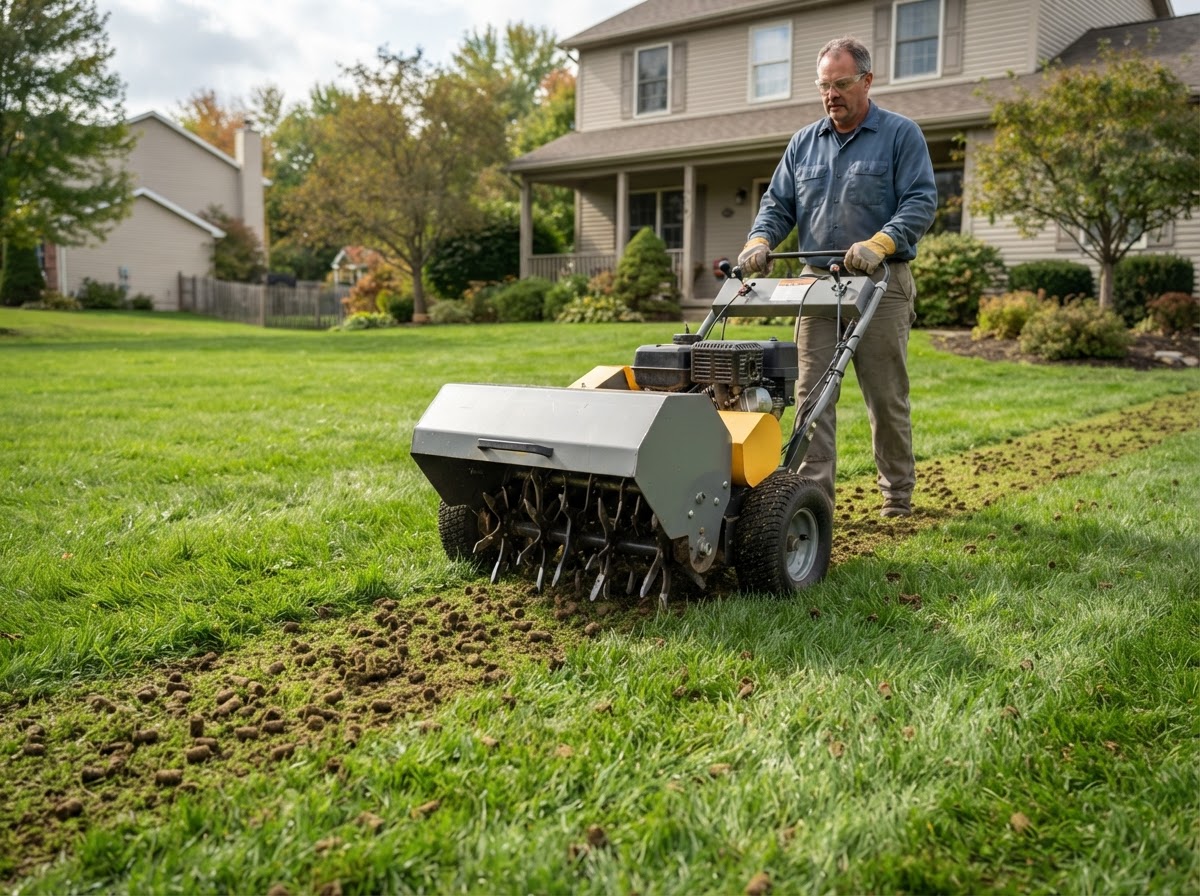 Hollow-tine aerator working on residential turf