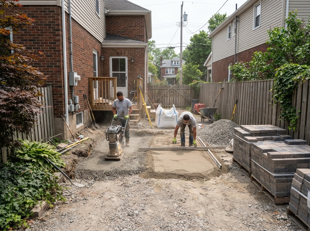 Paver patio base preparation at a Syracuse residential property