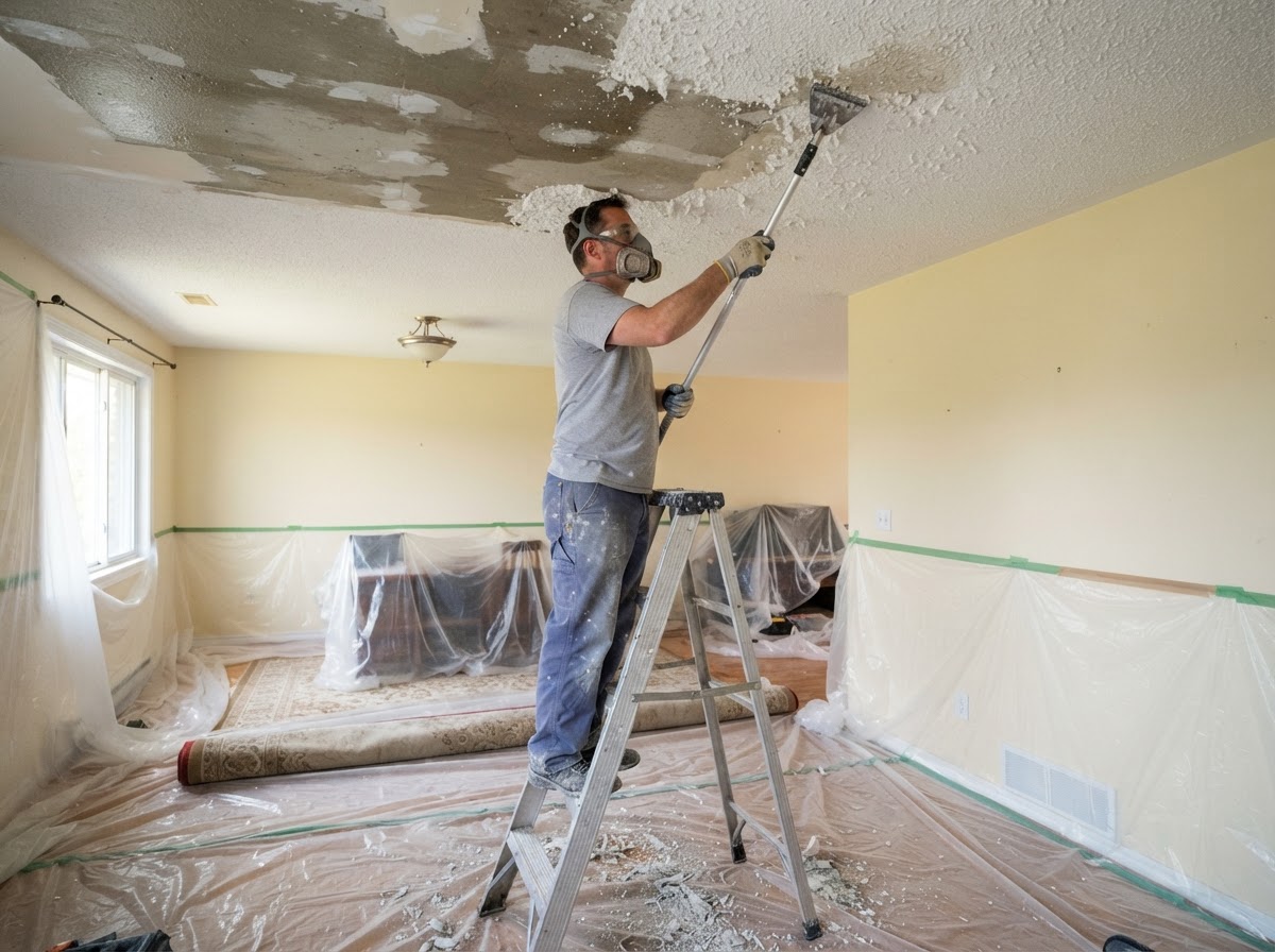 Interior ceiling prepared for popcorn texture removal in Avon Lake