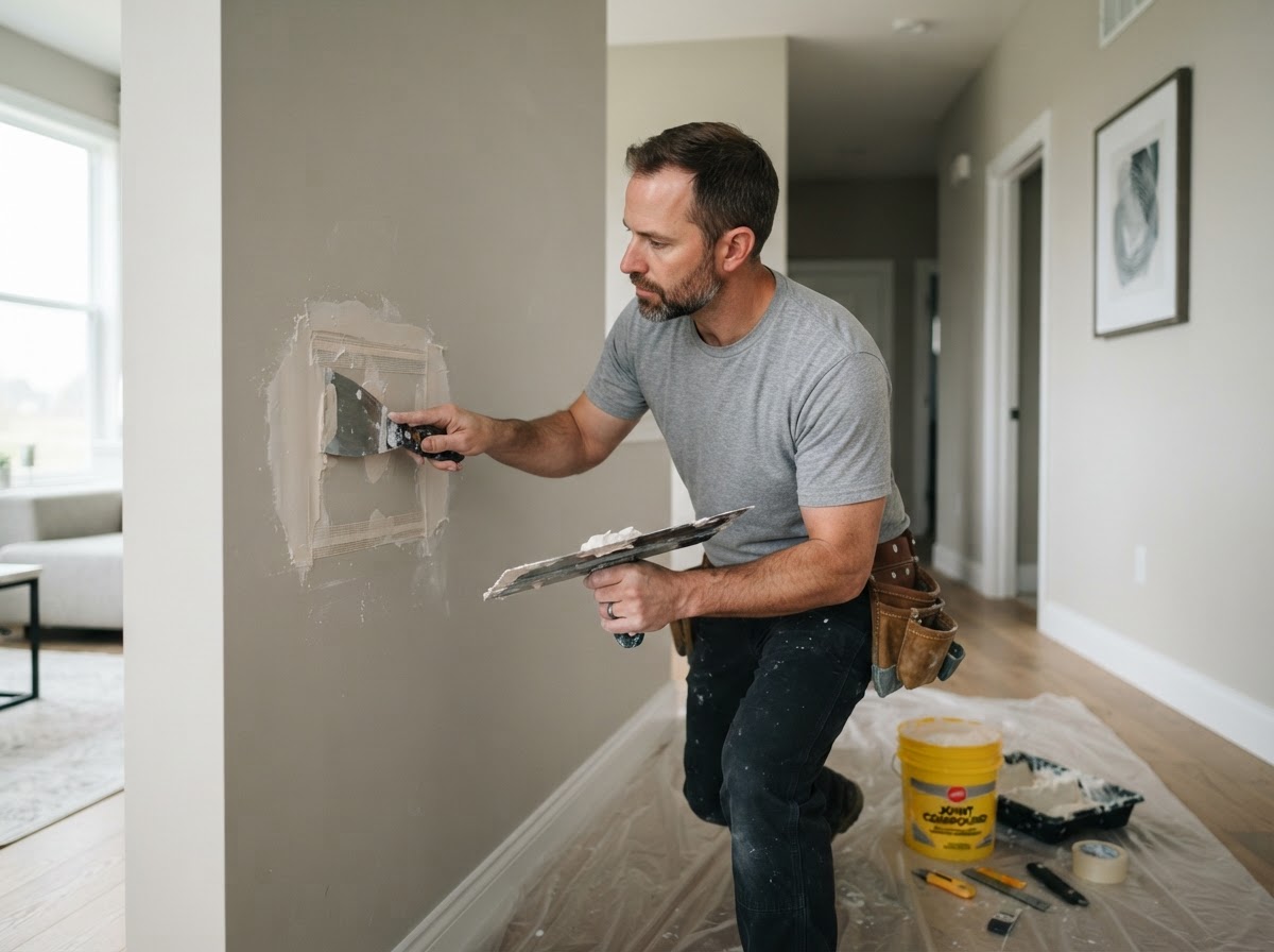 Drywall wall repair and joint finishing in a newer suburban Avon Ohio interior