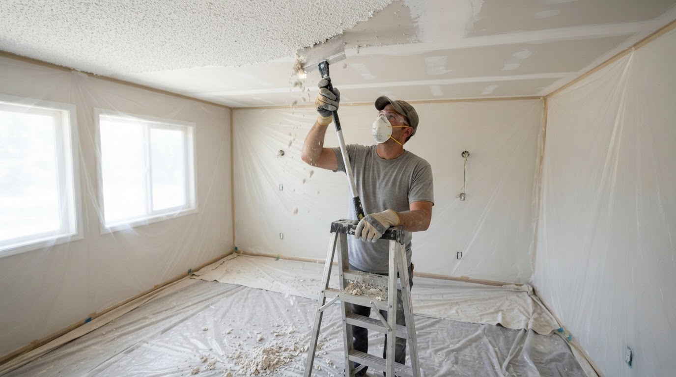 Popcorn ceiling texture removal work in a protected room