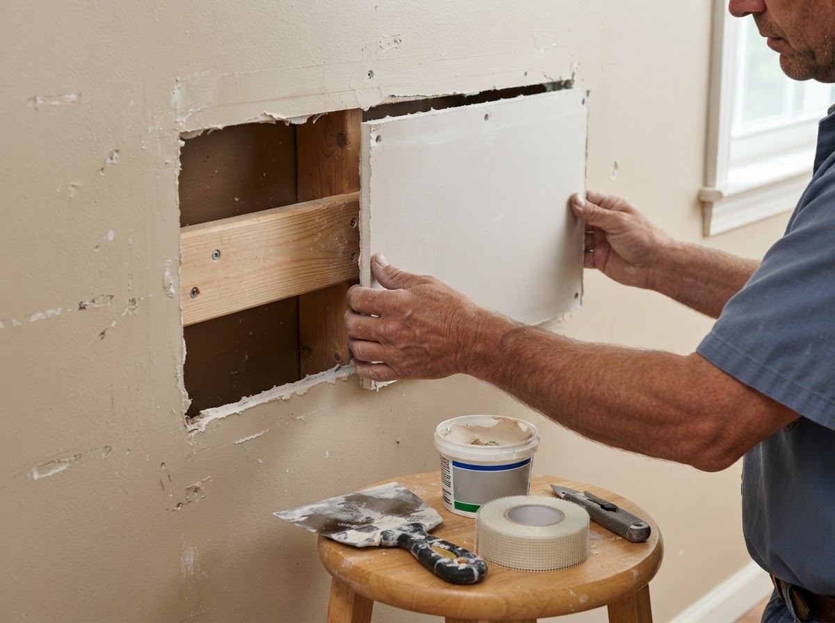 Drywall patch insert being fitted with backing support in an interior wall